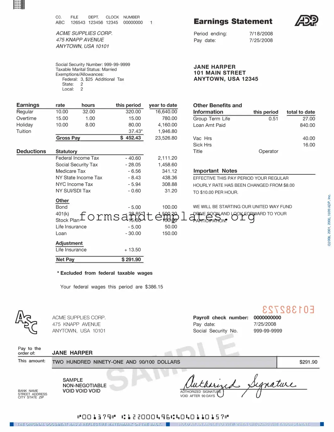 Printable Adp Pay Stub Template