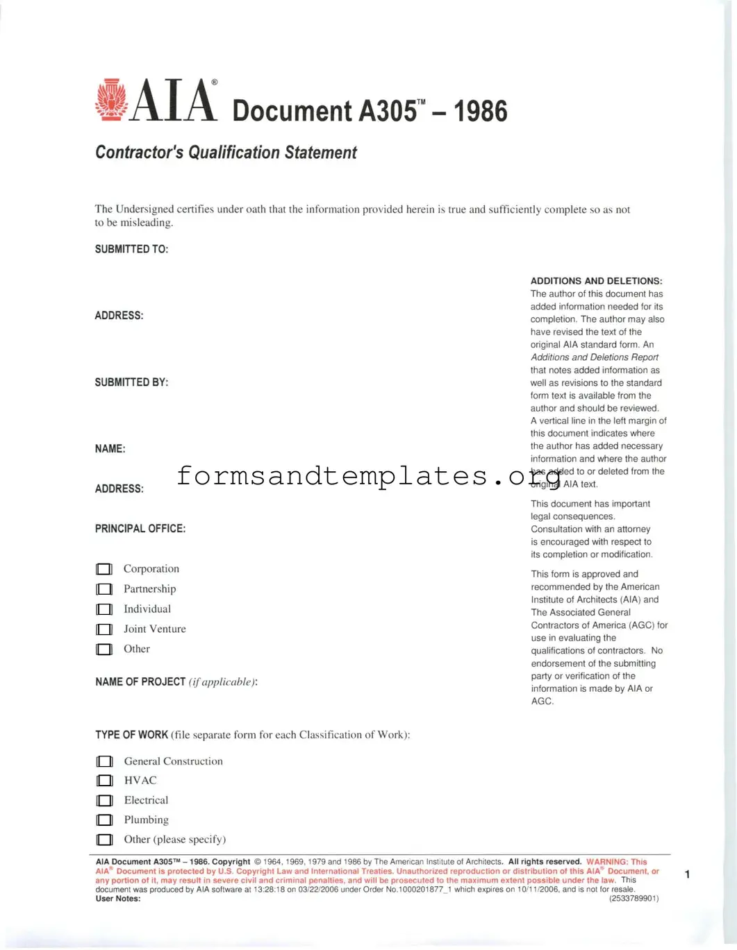Printable AIA A305 Template