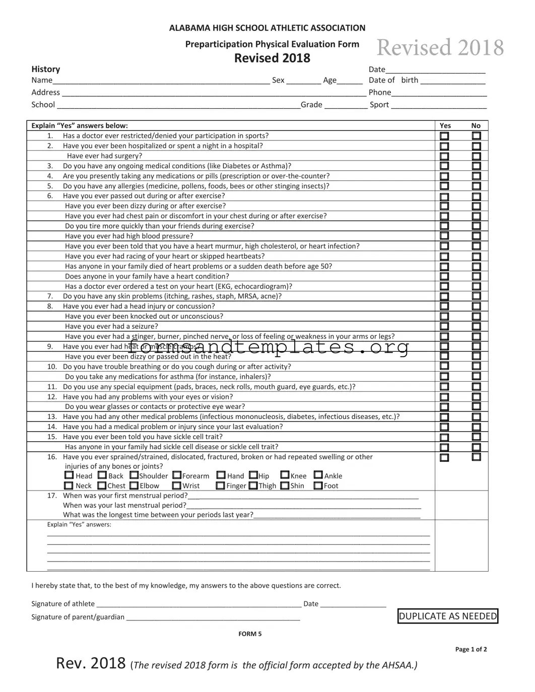 Printable Alabama High School Physical Template