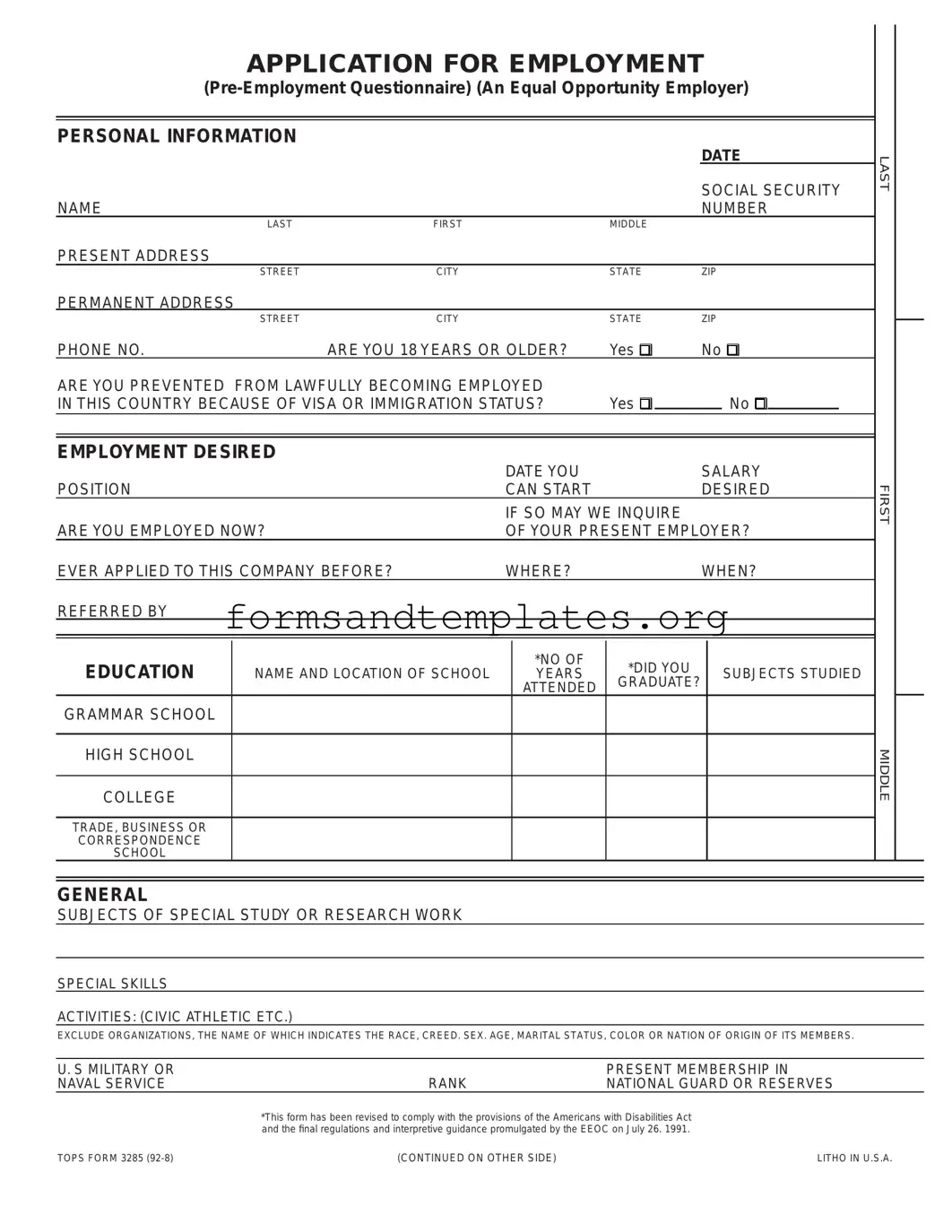 Printable Employment Application Pdf Template