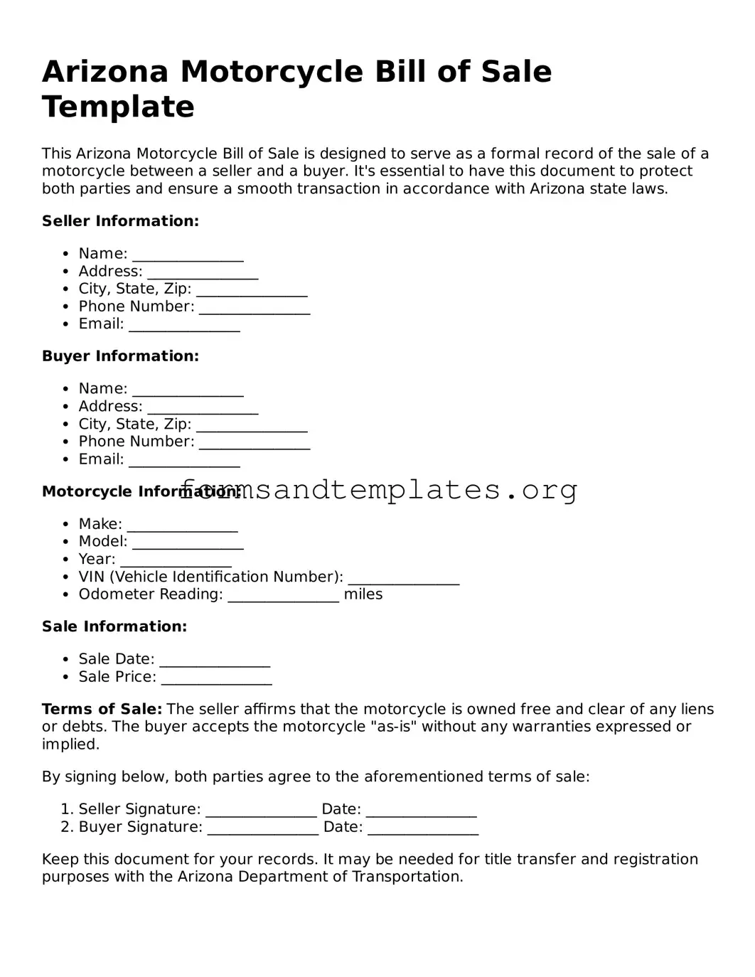 Motorcycle Bill of Sale Template for the State of Arizona