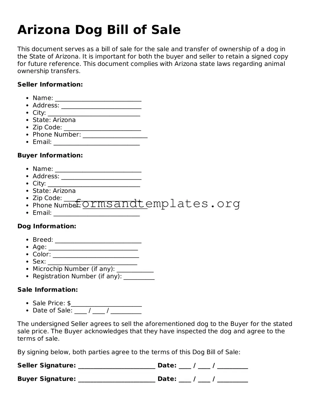 Dog Bill of Sale Template for the State of Arizona