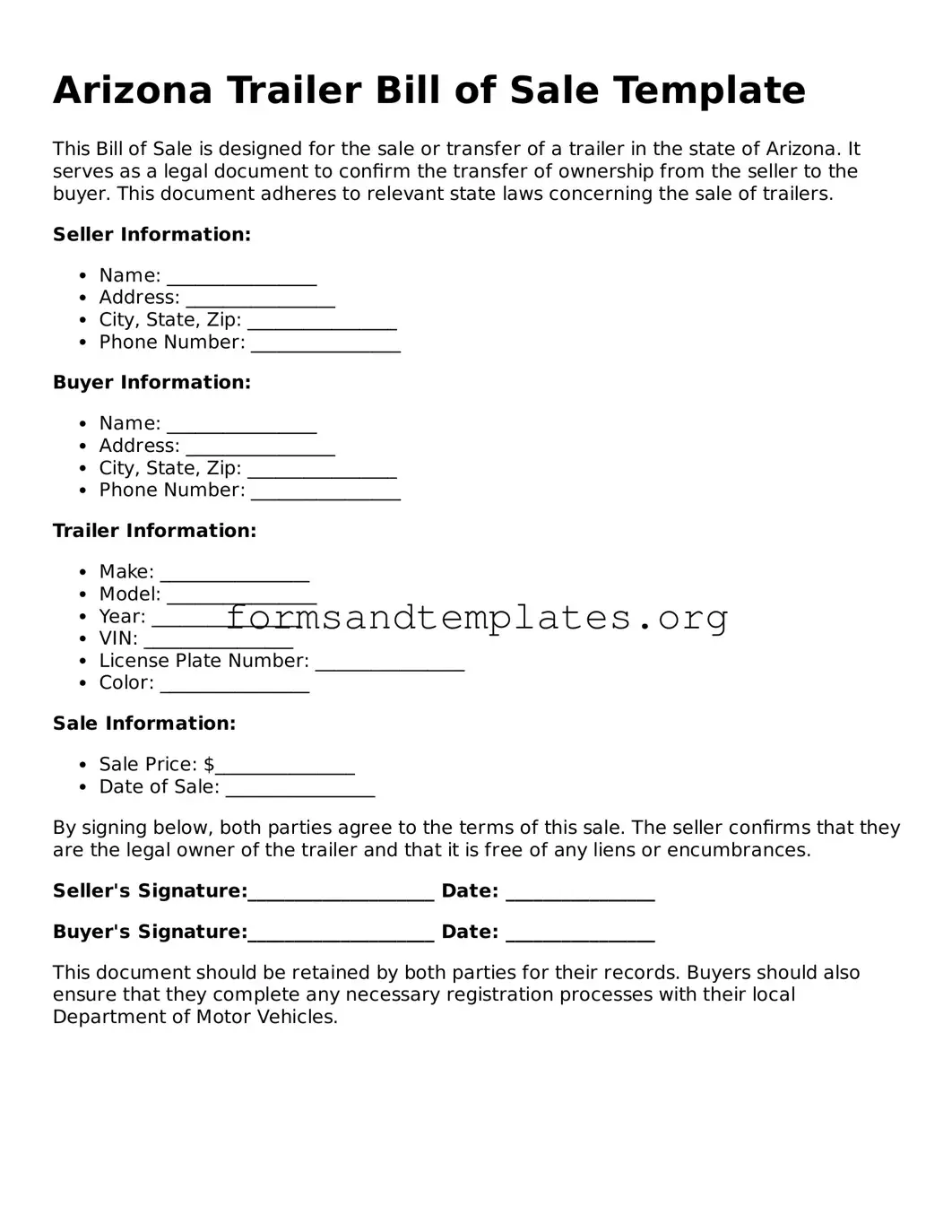 Trailer Bill of Sale Template for the State of Arizona