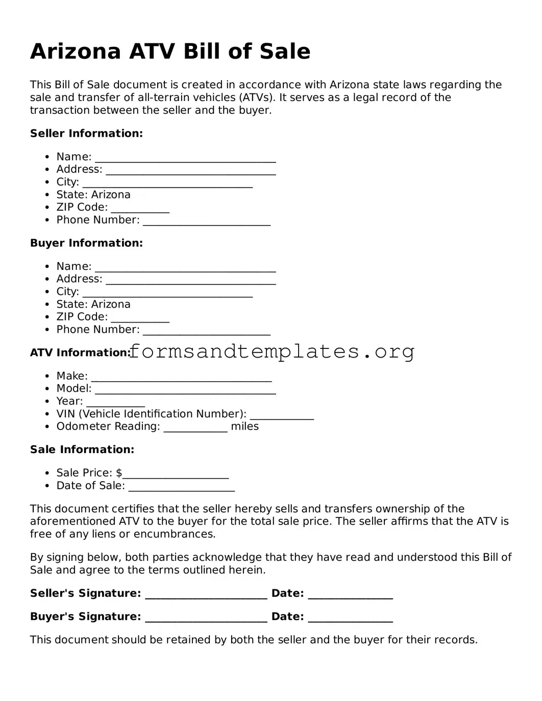 ATV Bill of Sale Template for the State of Arizona