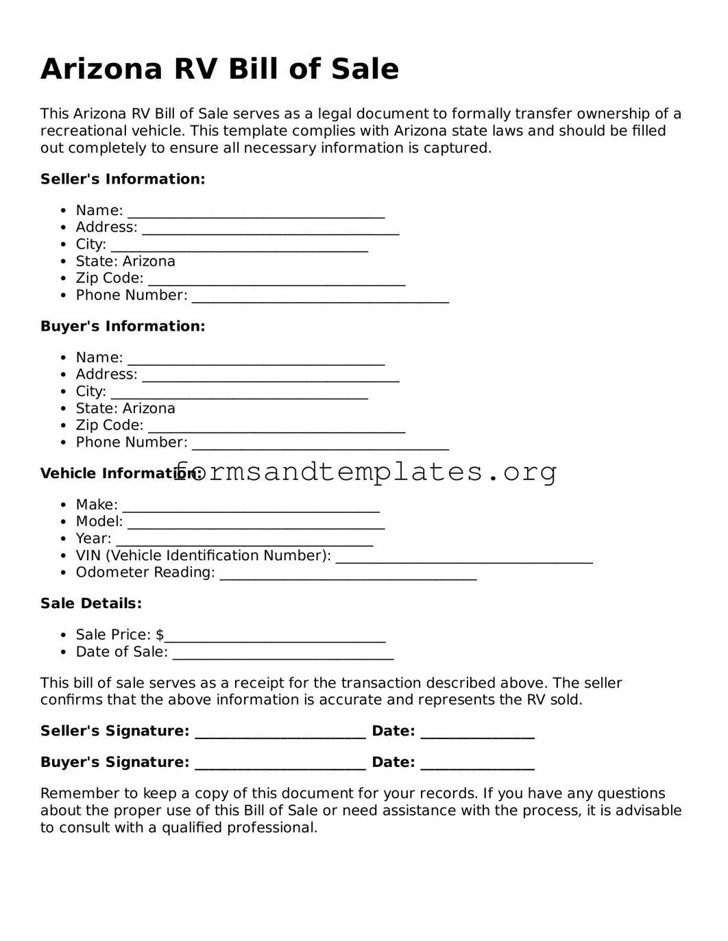 RV Bill of Sale Template for the State of Arizona