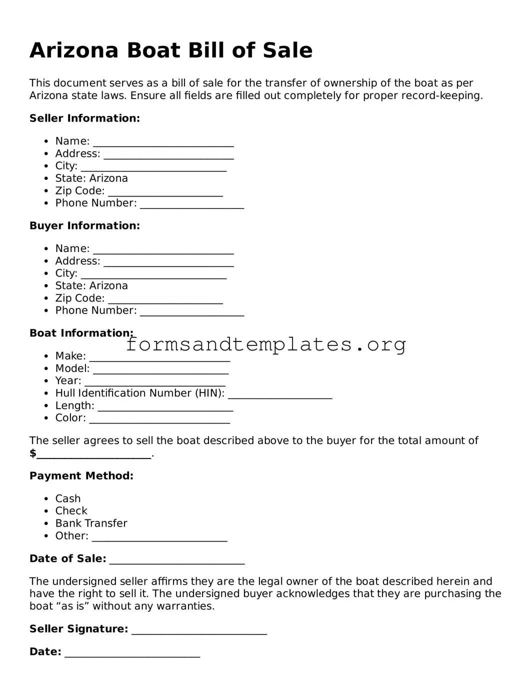 Boat Bill of Sale Template for the State of Arizona