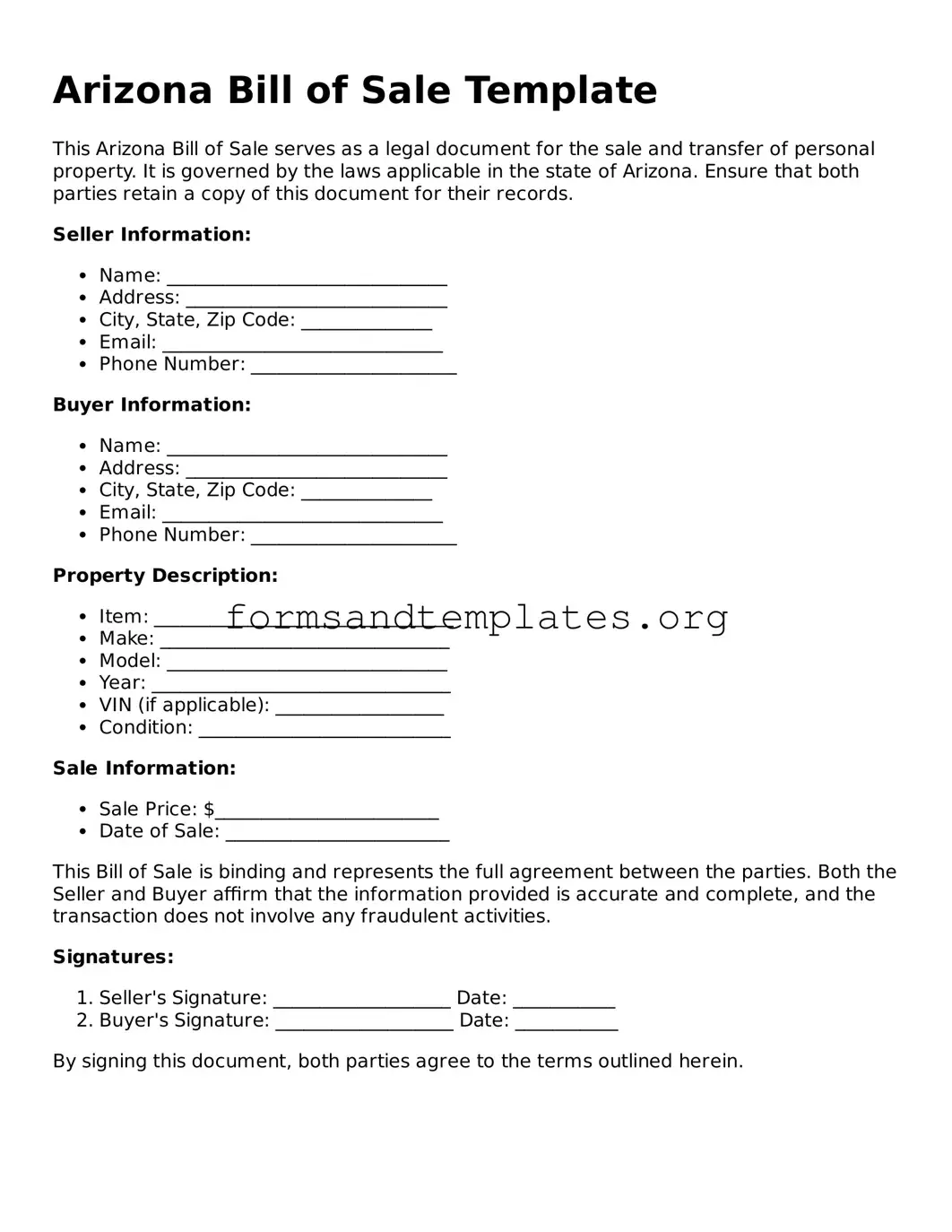 Bill of Sale Template for the State of Arizona