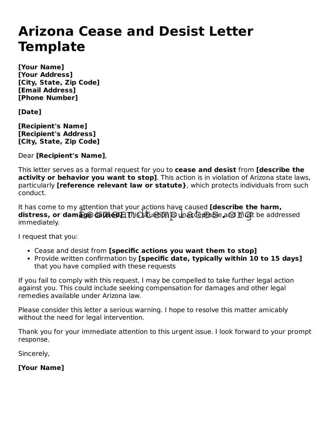 Cease and Desist Letter Template for the State of Arizona