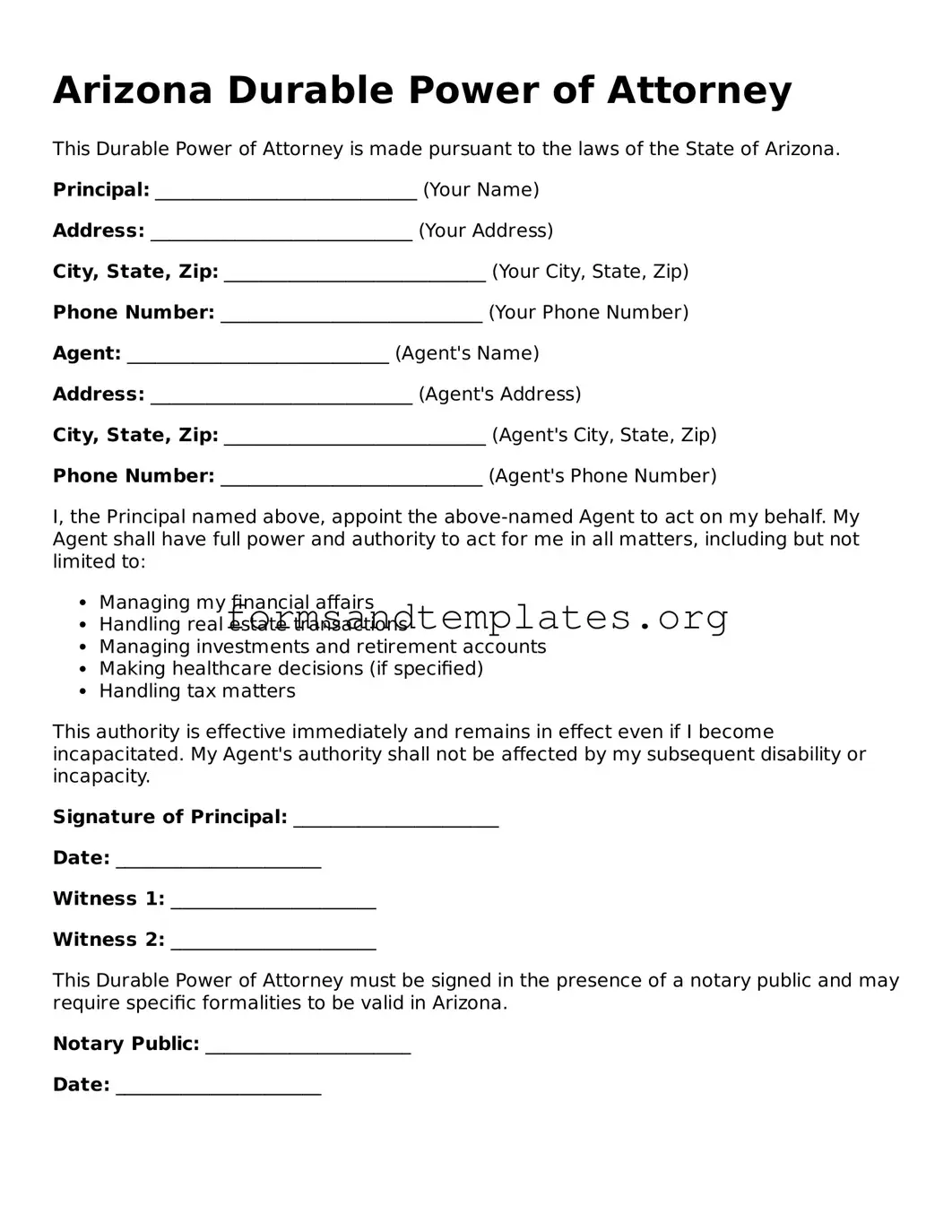 Durable Power of Attorney Template for the State of Arizona