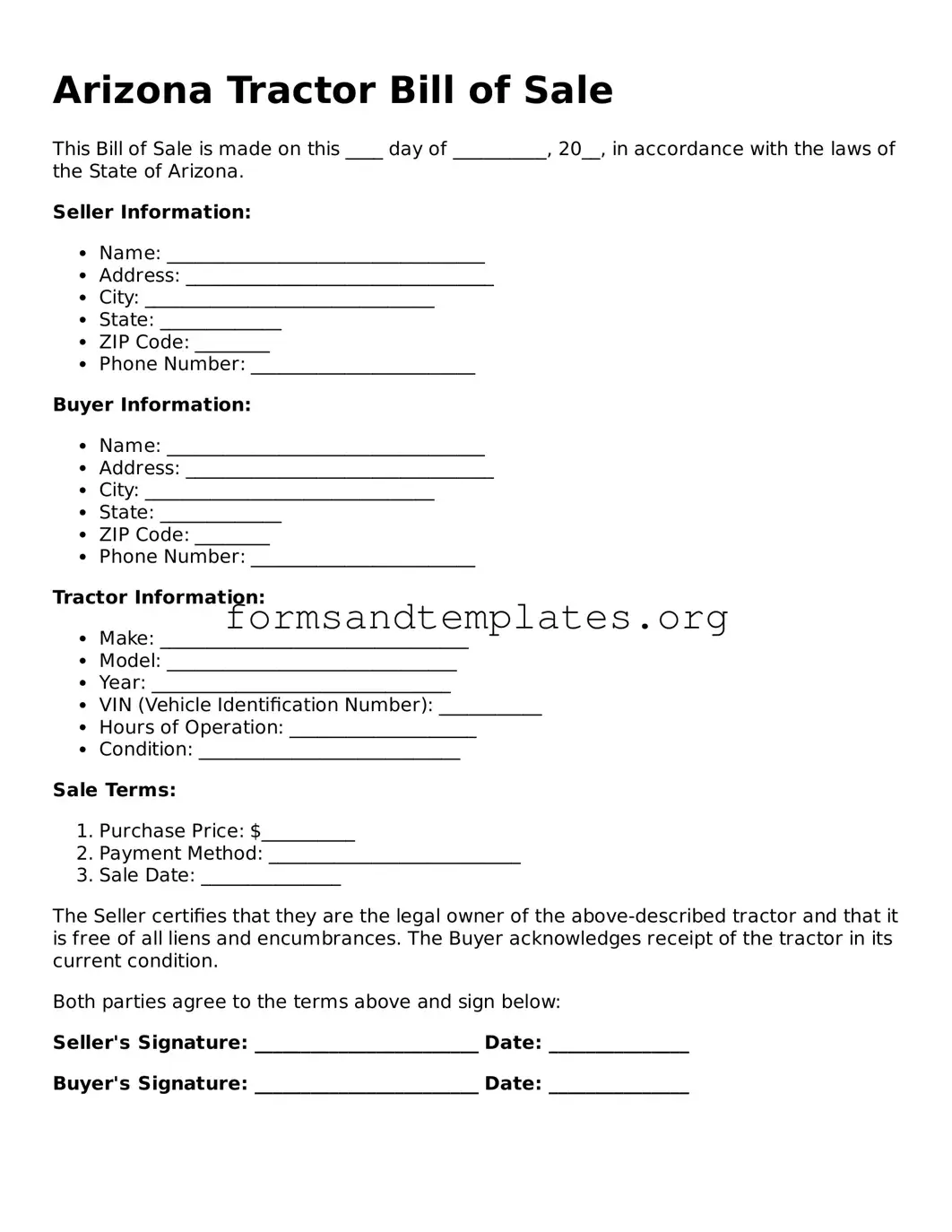 Tractor Bill of Sale Template for the State of Arizona