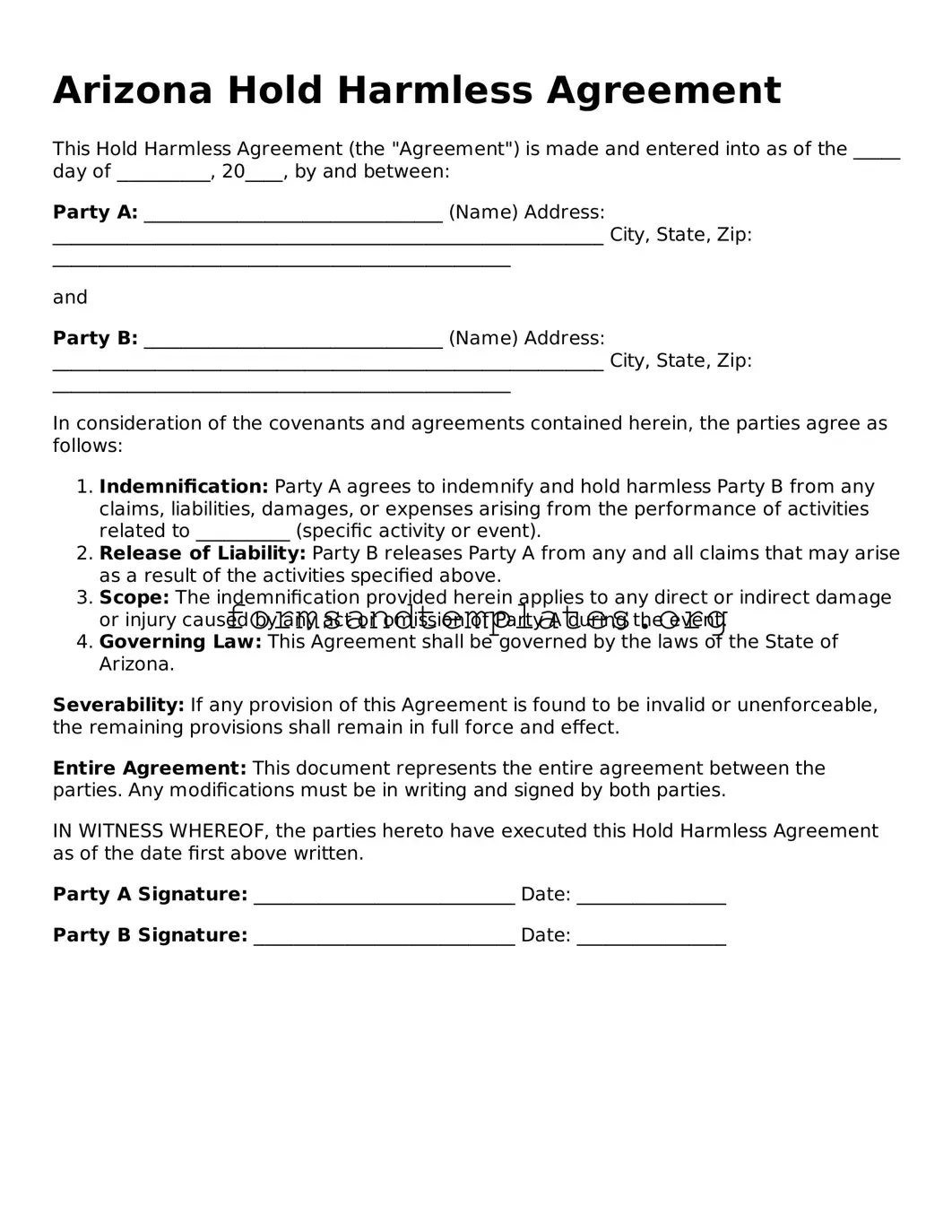 Hold Harmless Agreement Template for the State of Arizona