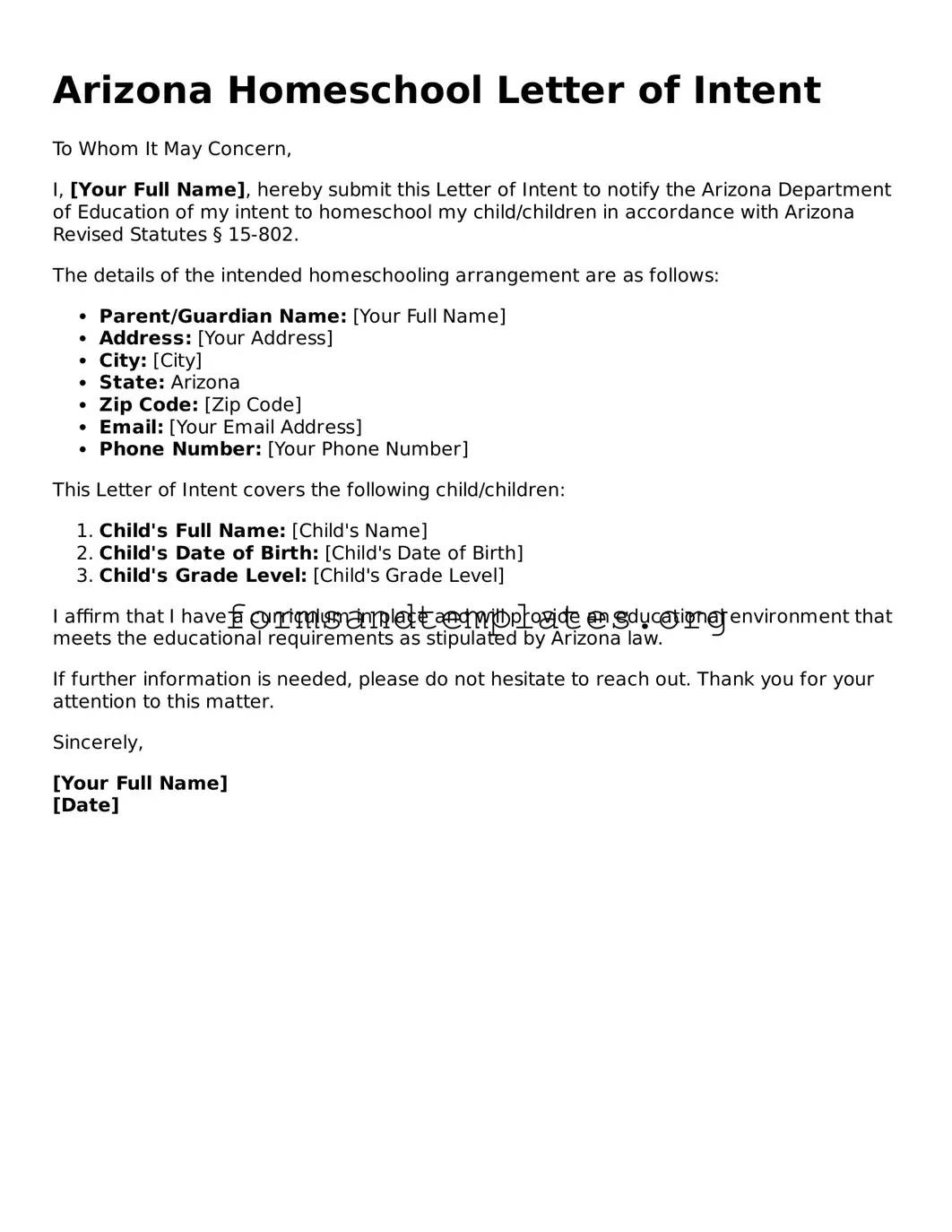 Homeschool Letter of Intent Template for the State of Arizona