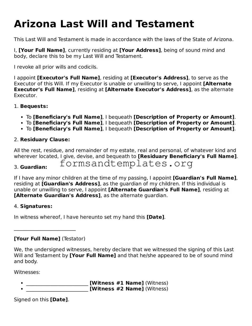 Last Will and Testament Template for the State of Arizona