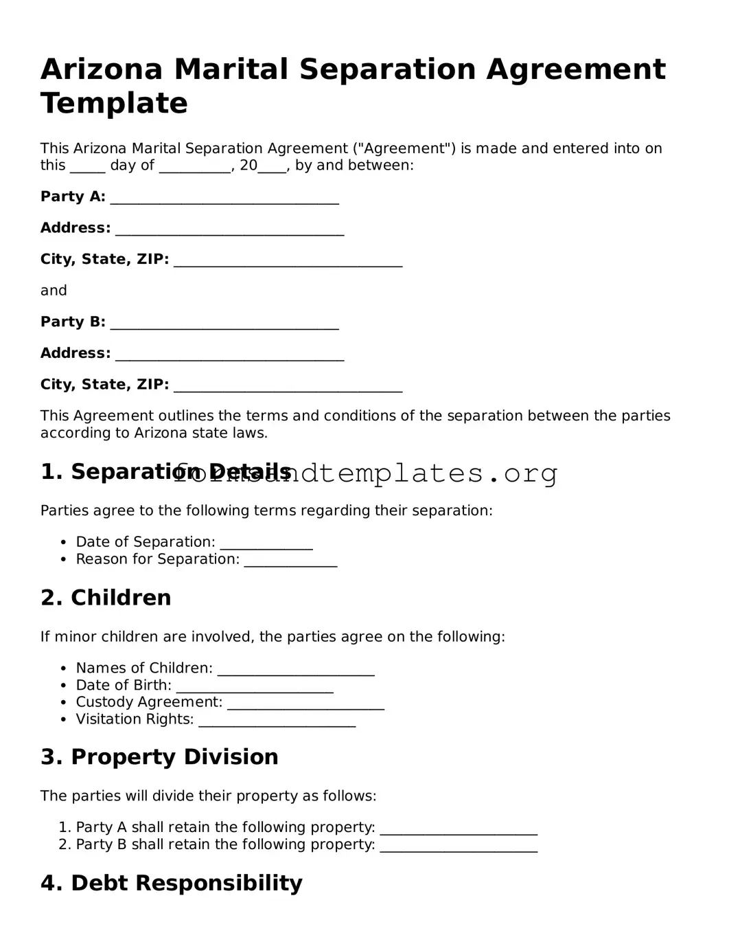 Marital Separation Agreement Template for the State of Arizona
