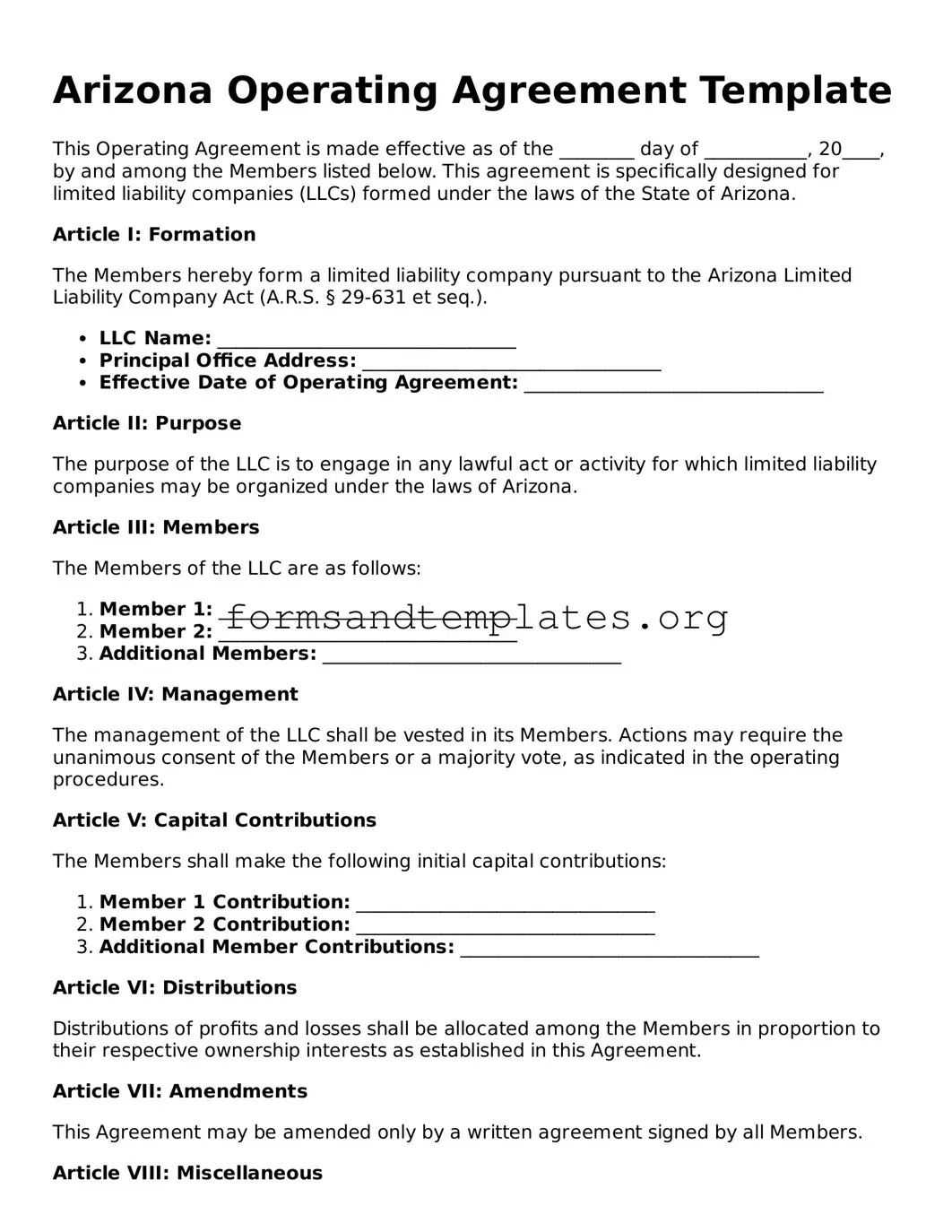 Operating Agreement Template for the State of Arizona