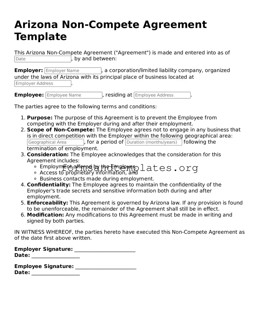 Non-compete Agreement Template for the State of Arizona