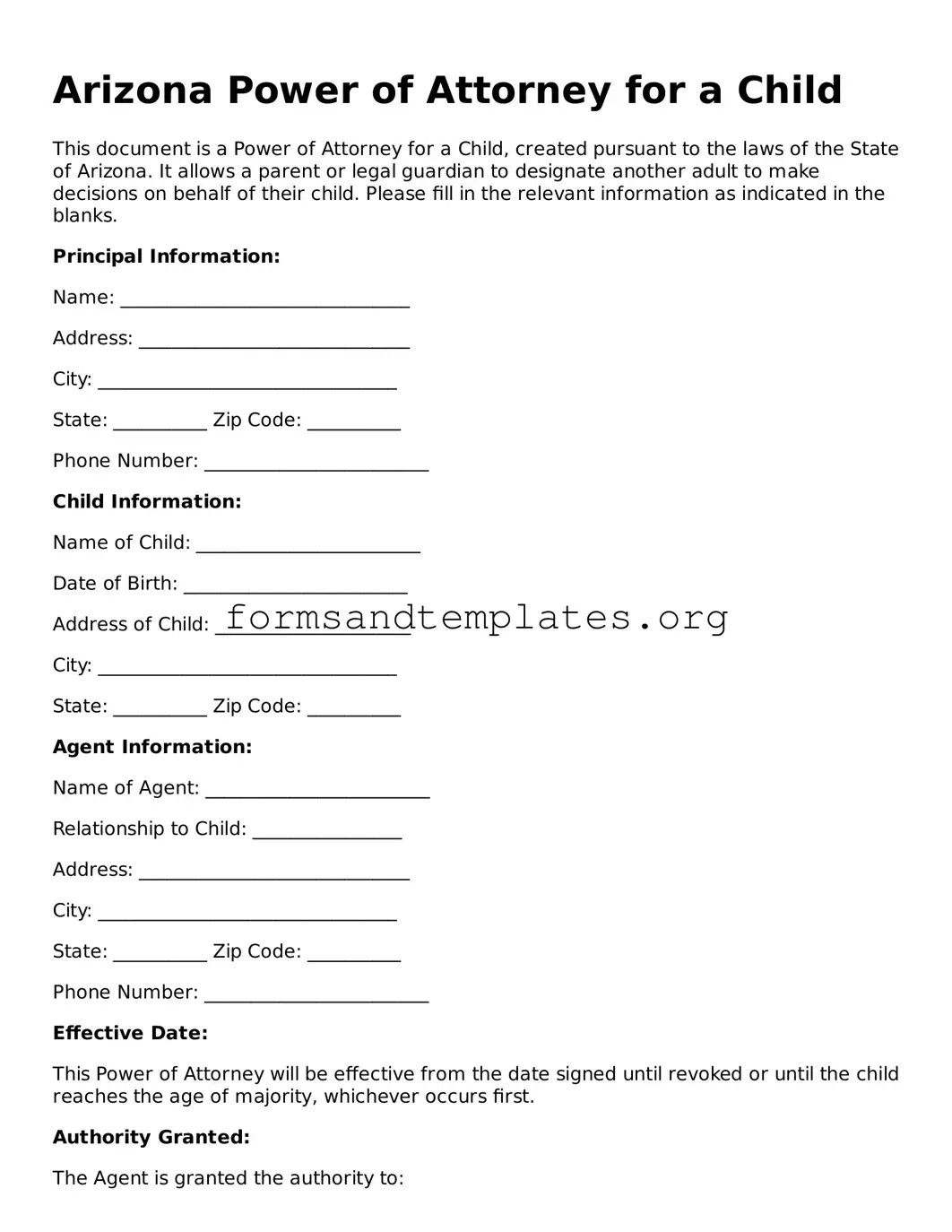 Power of Attorney for a Child Template for the State of Arizona