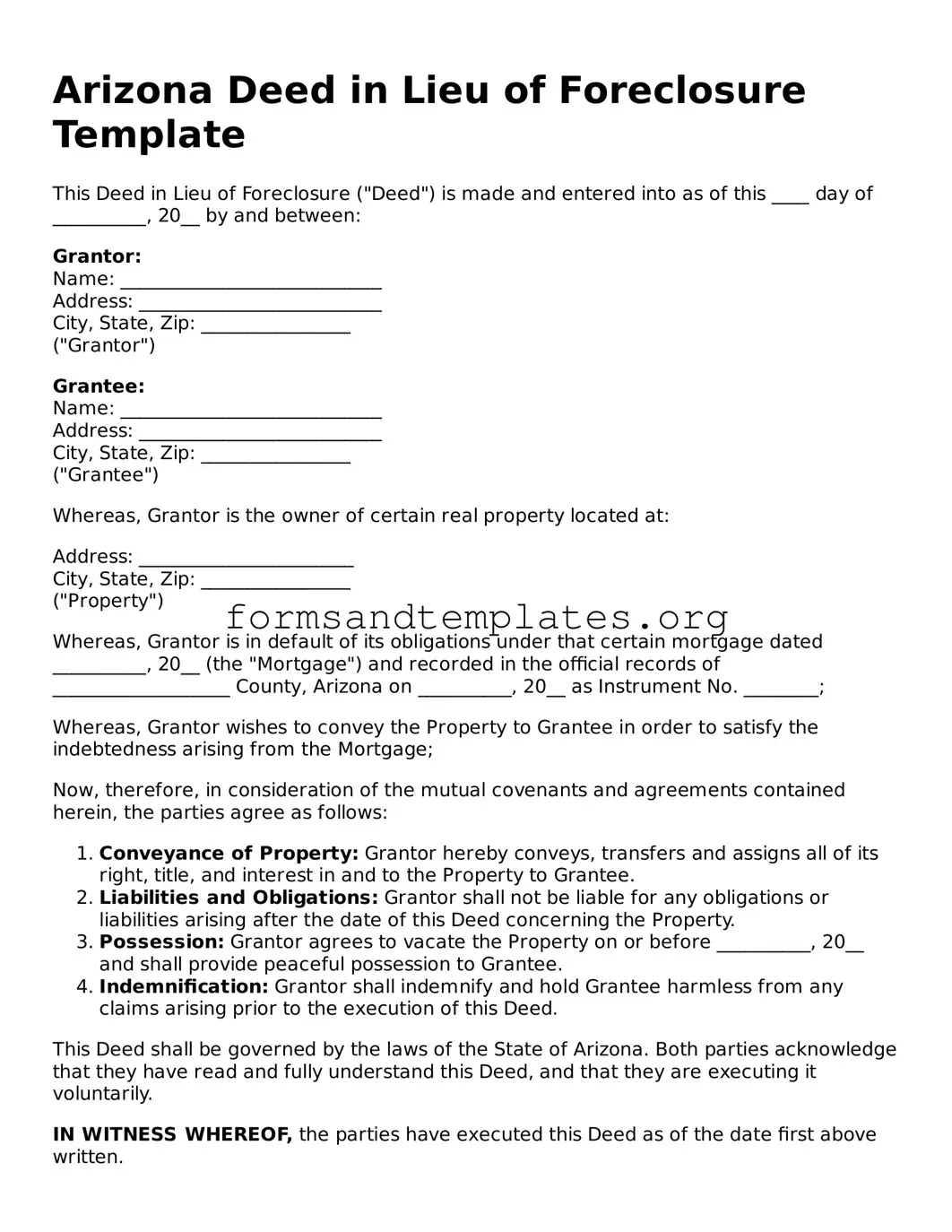 Deed in Lieu of Foreclosure Template for the State of Arizona