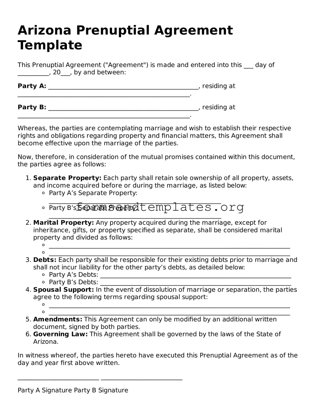 Prenuptial Agreement Template for the State of Arizona