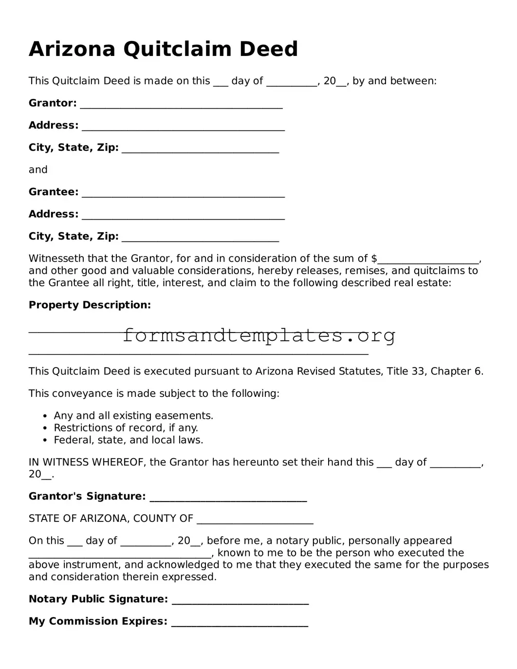 Quitclaim Deed Template for the State of Arizona