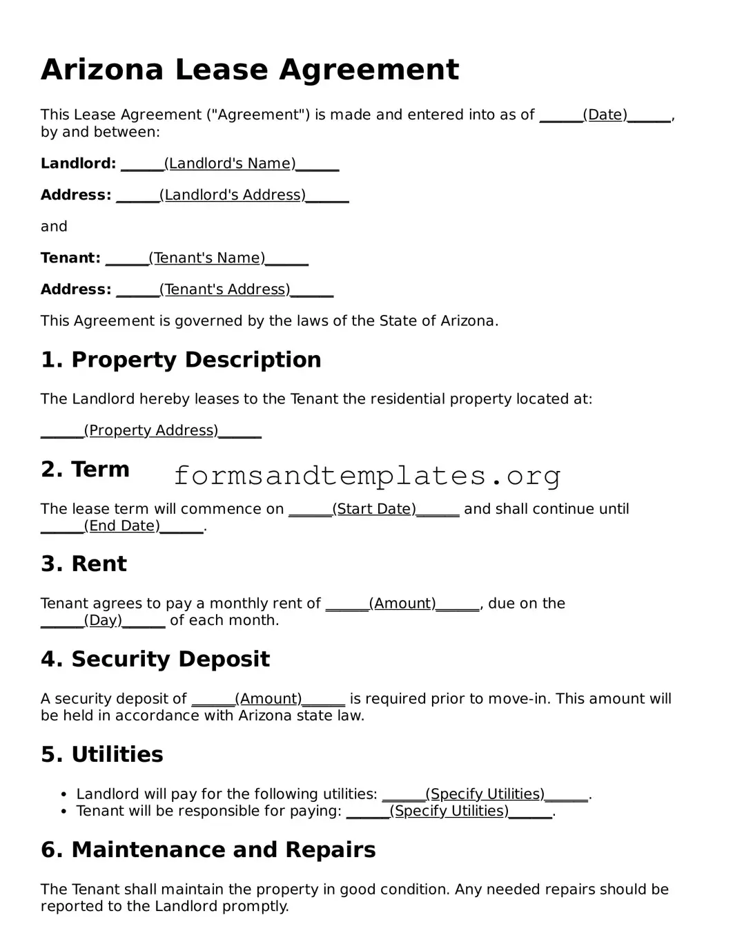 Lease Agreement Template for the State of Arizona