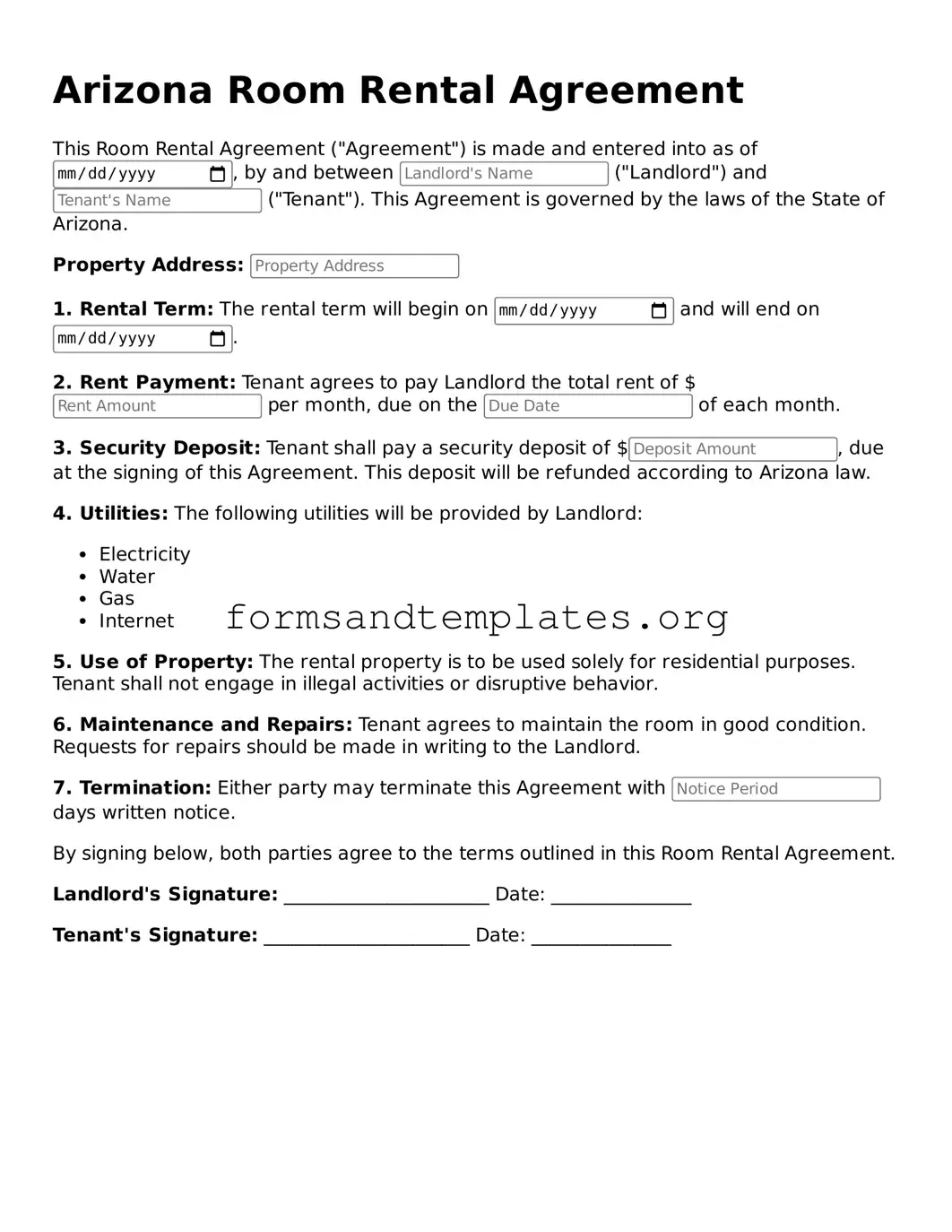 Room Rental Agreement Template for the State of Arizona