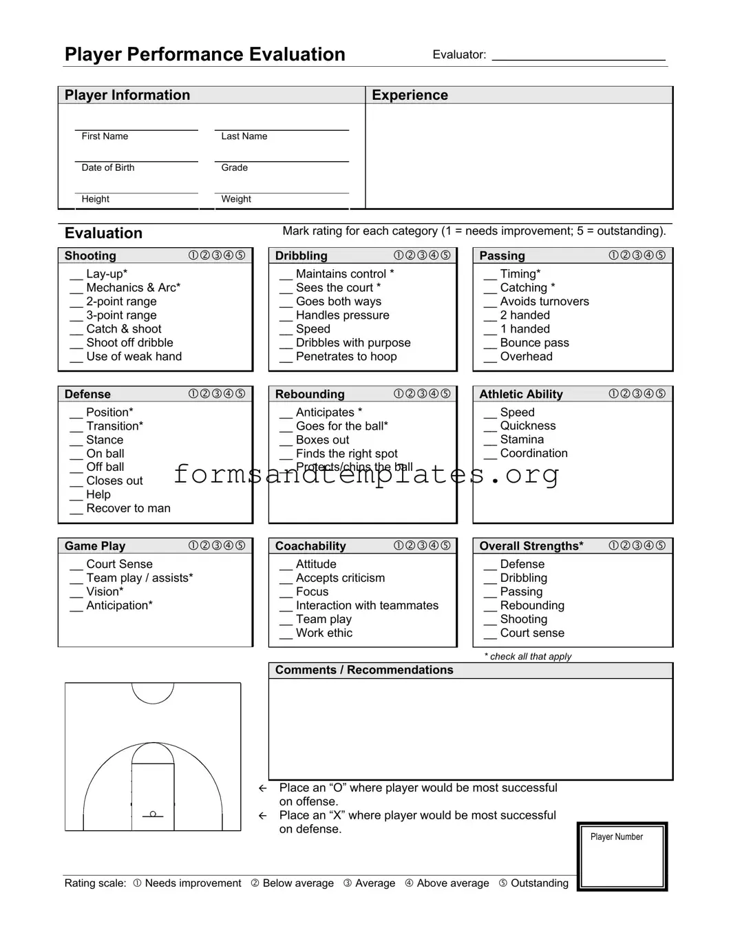 Printable Basketball Evaluation Template