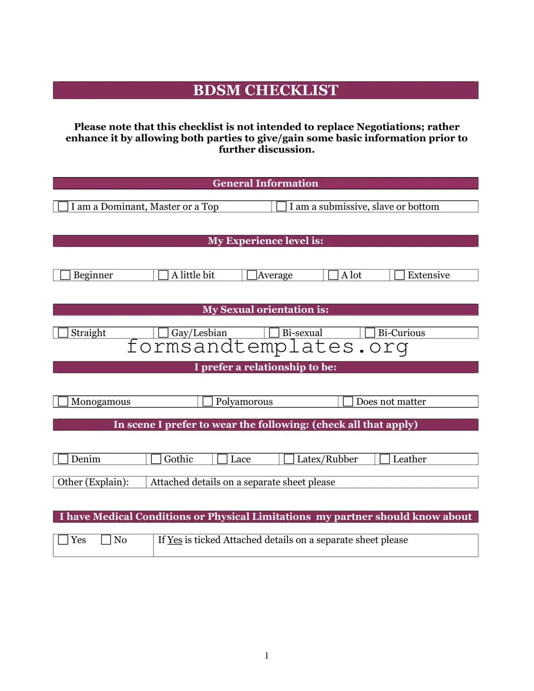 Printable Bdsm Checklist Template