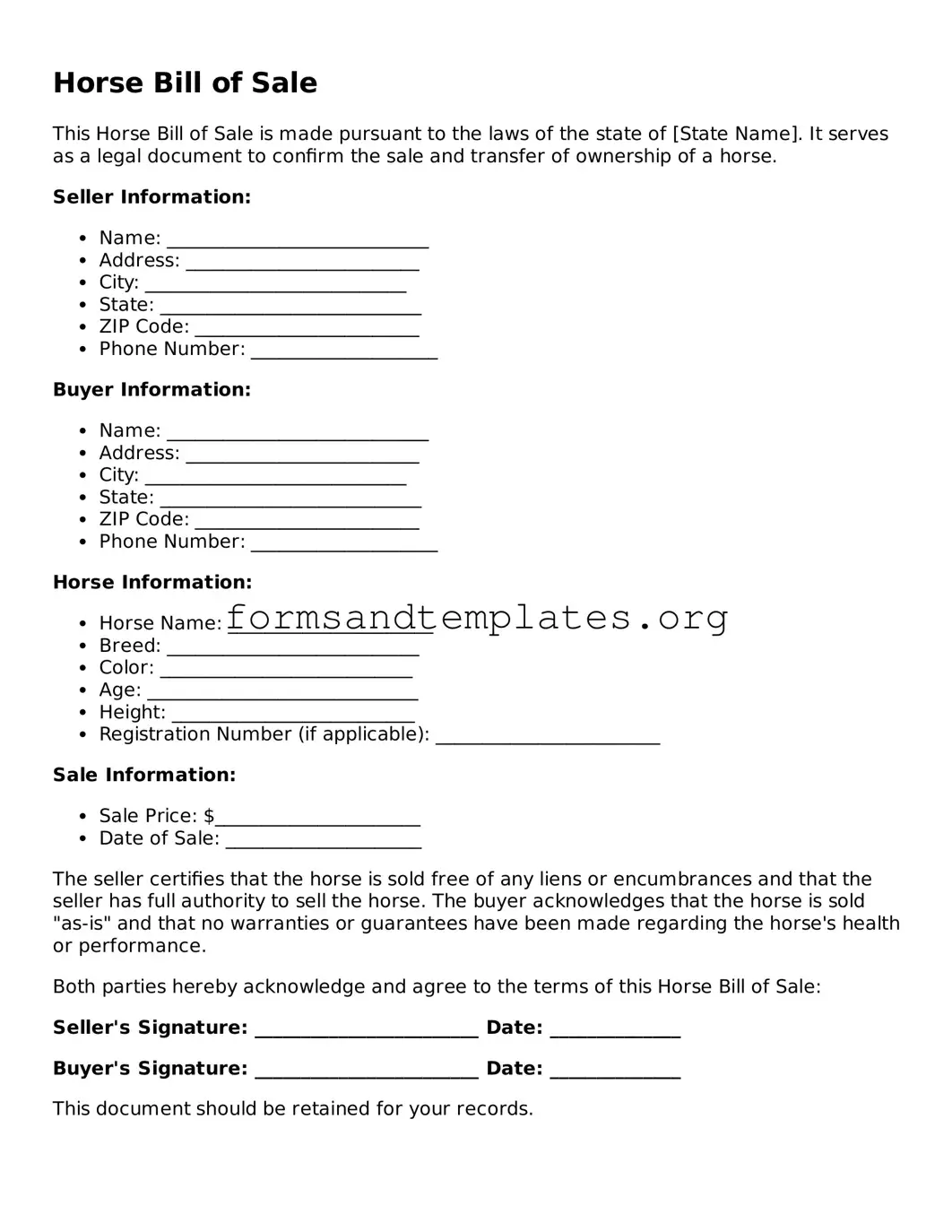 Attorney-Verified Horse Bill of Sale Template