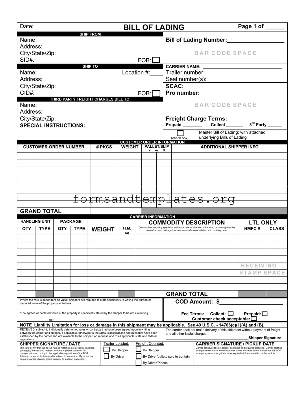Printable Bill of Lading with a Supplement Template
