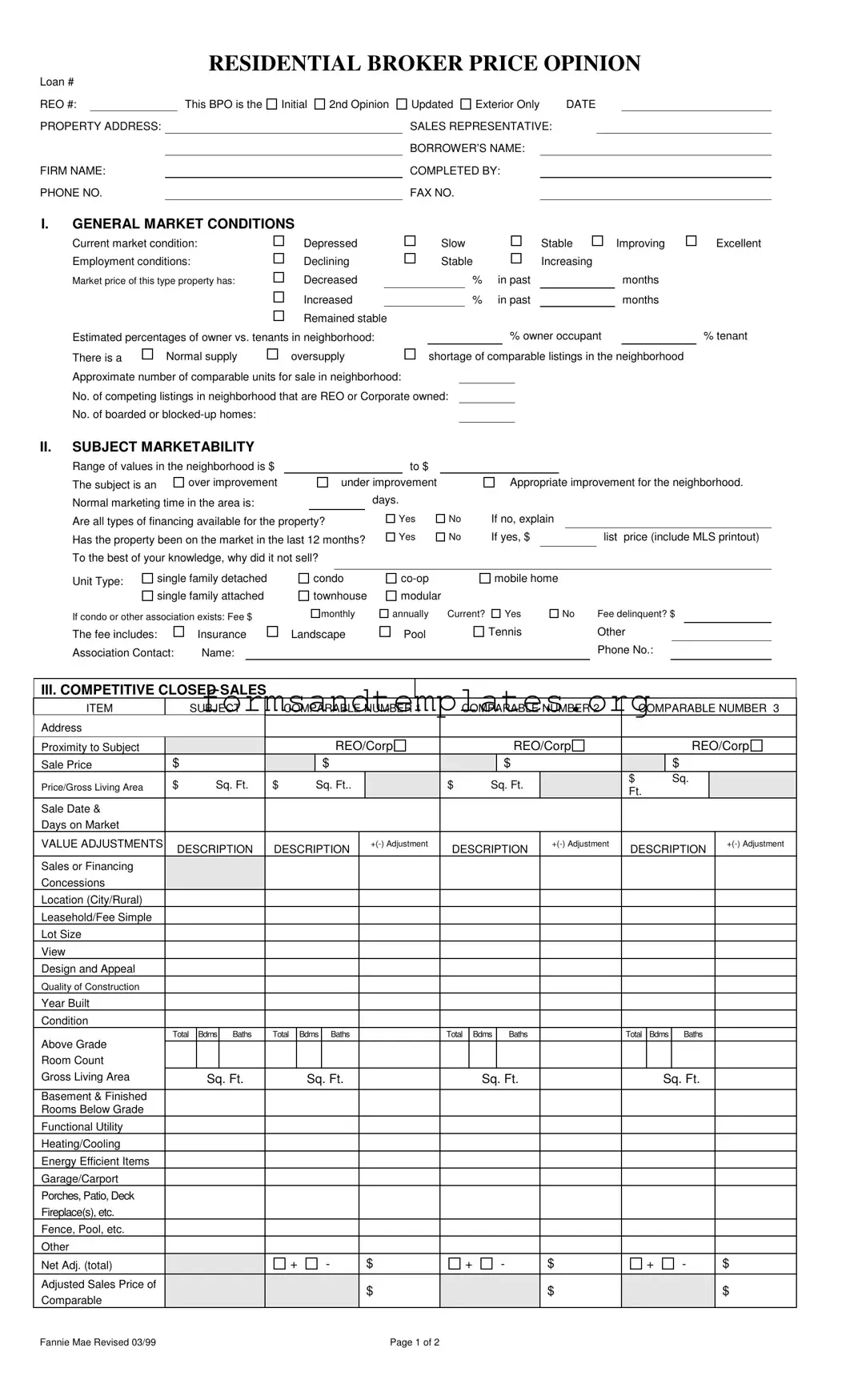 Printable Broker Price Opinion Template