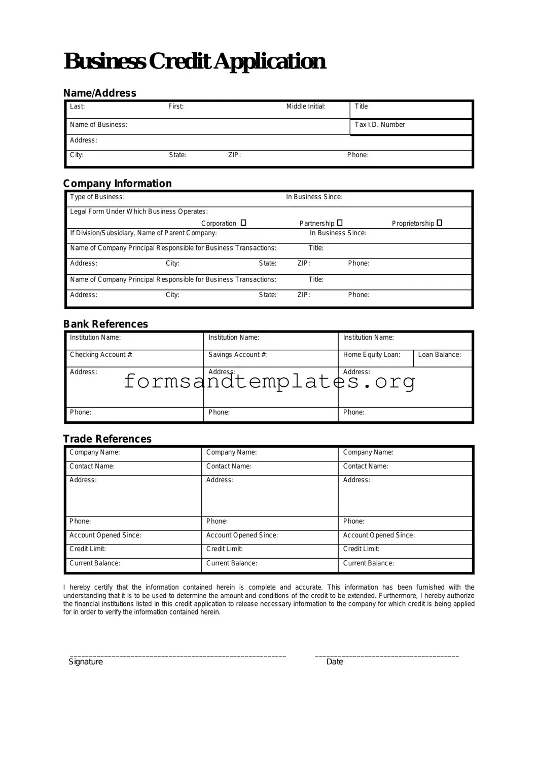Printable Business Credit Application Template