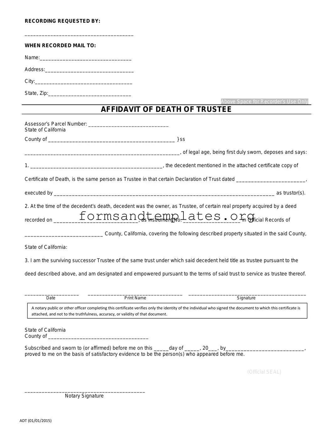 Printable California Affidavit of Death of a Trustee Template