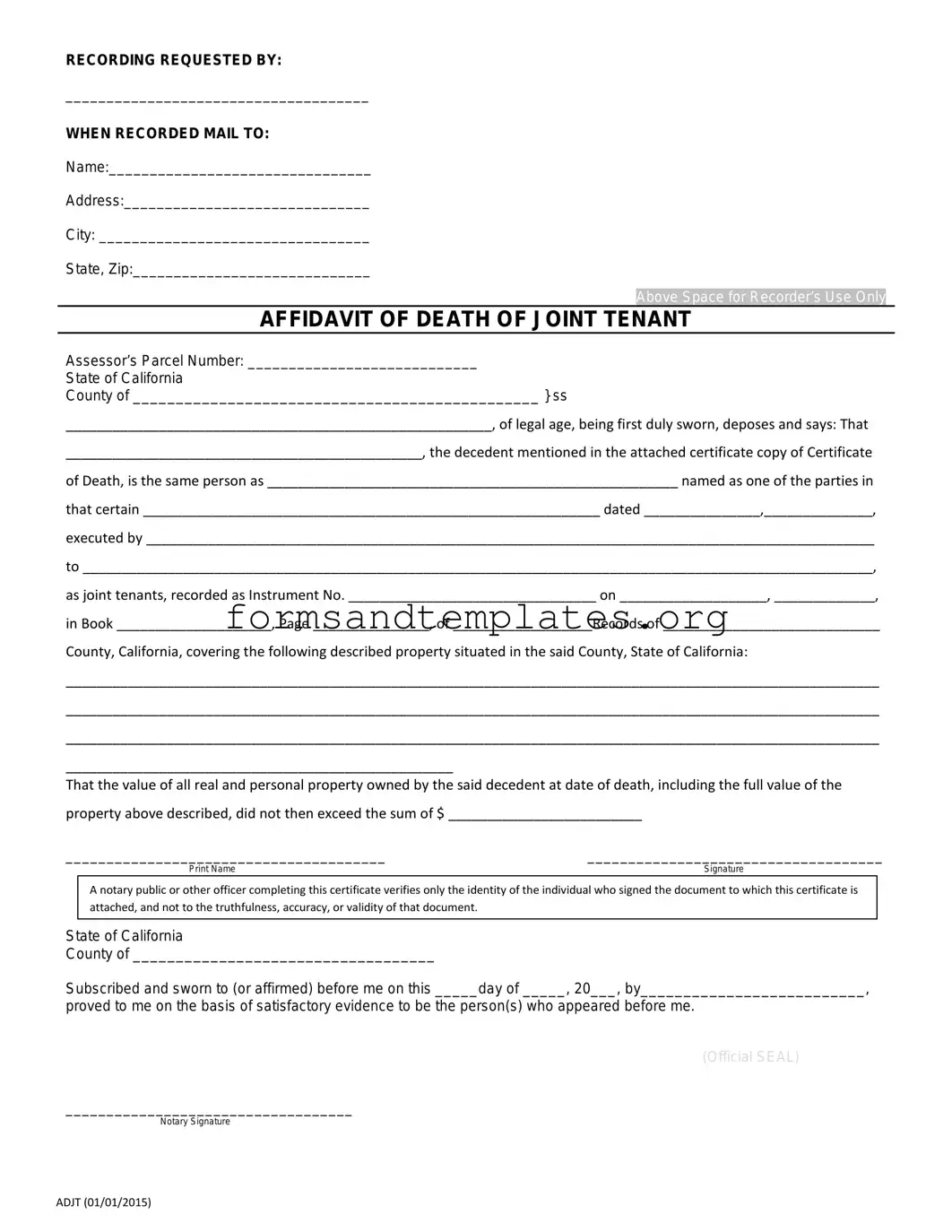 Printable California Death of a Joint Tenant Affidavit Template