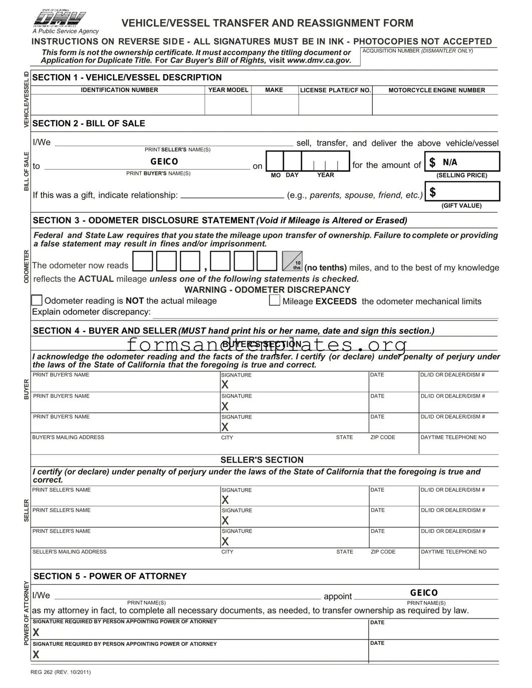 Printable California Fotm Reg 262 Template