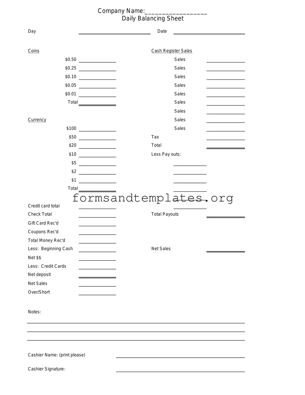 Printable Cash Drawer Count Sheet Template