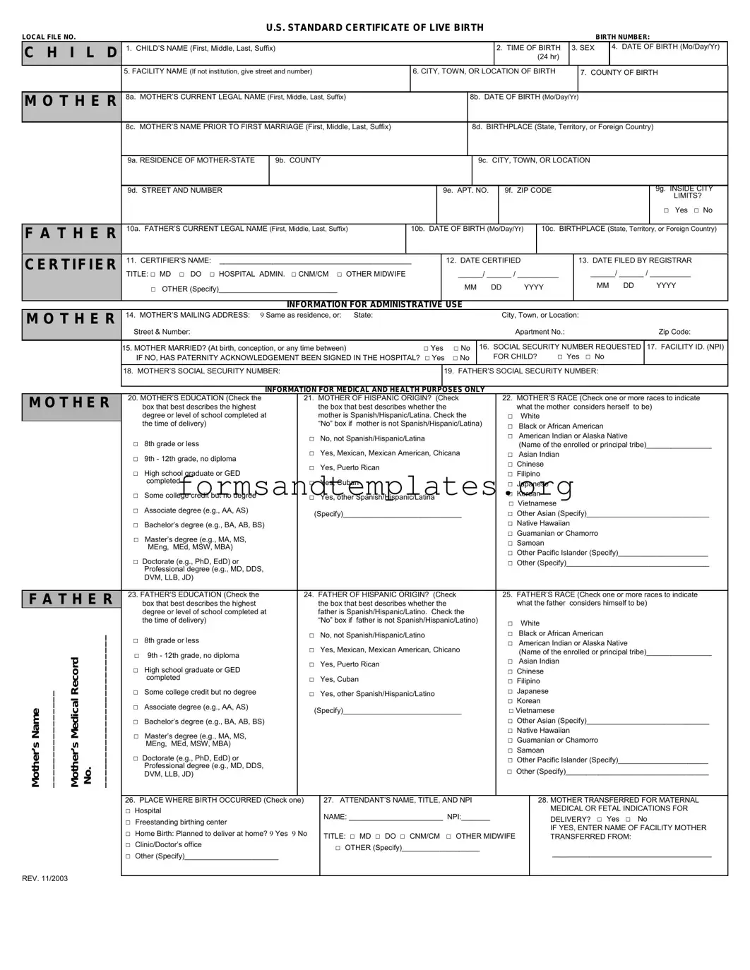 Printable CDC U.S. Standard Certificate of Live Birth Template
