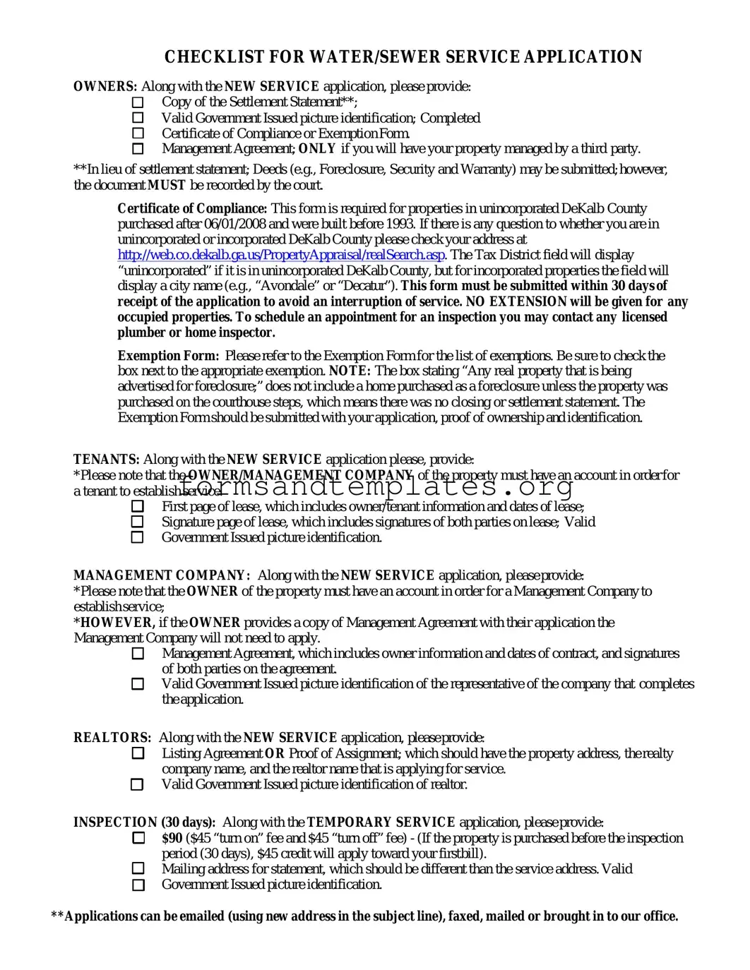 Printable Dekalb County Water Application Template