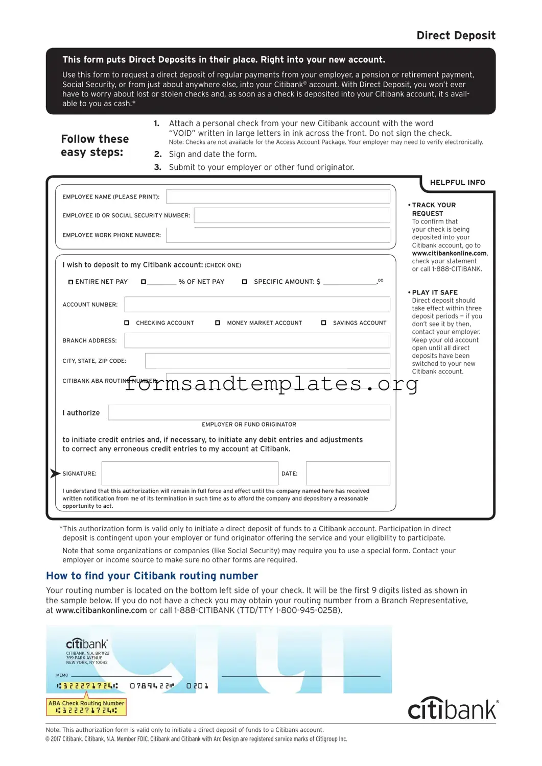 Printable Citibank Direct Deposit Template