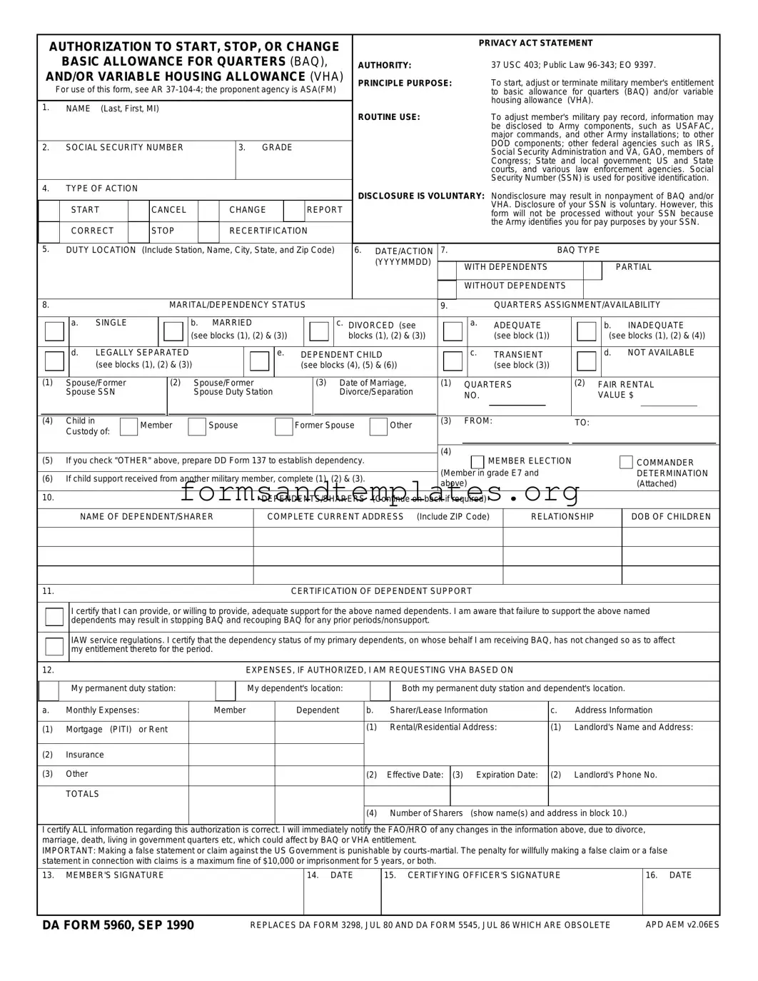 Printable DA 5960 Template