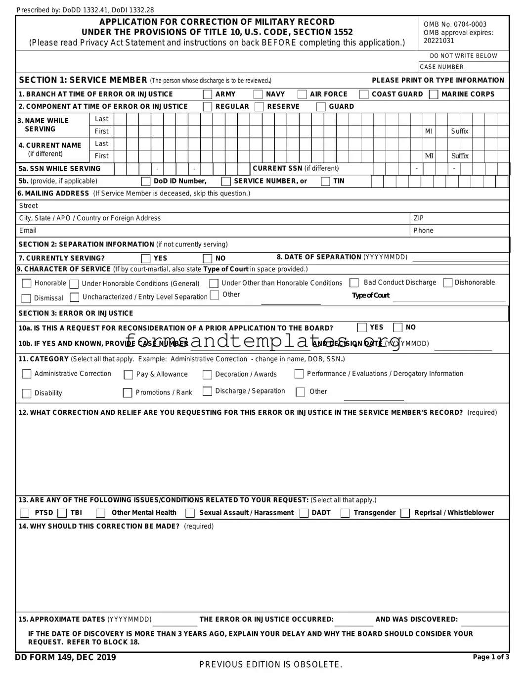 Printable DD 149 Template