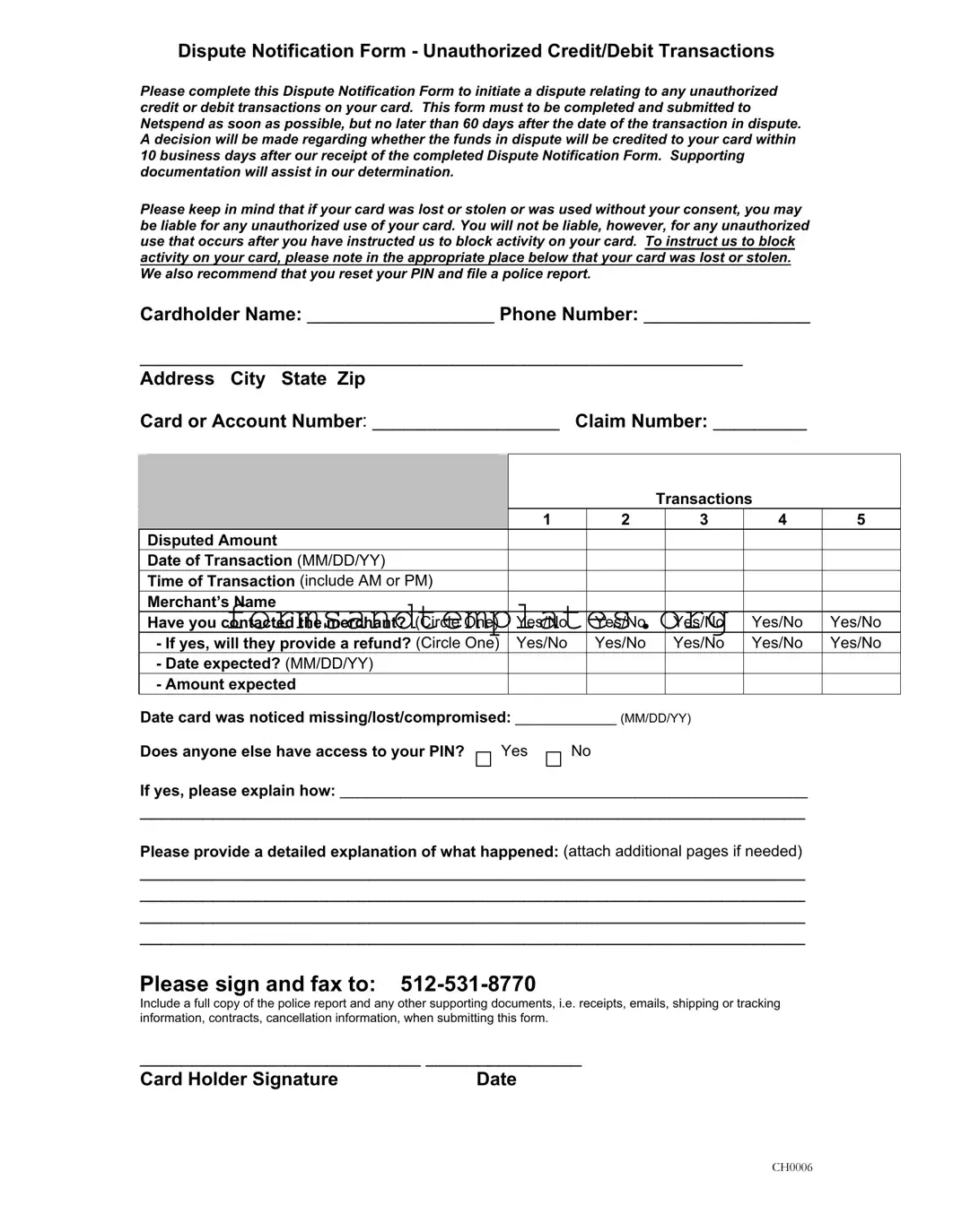 Printable Netspend Dispute Template