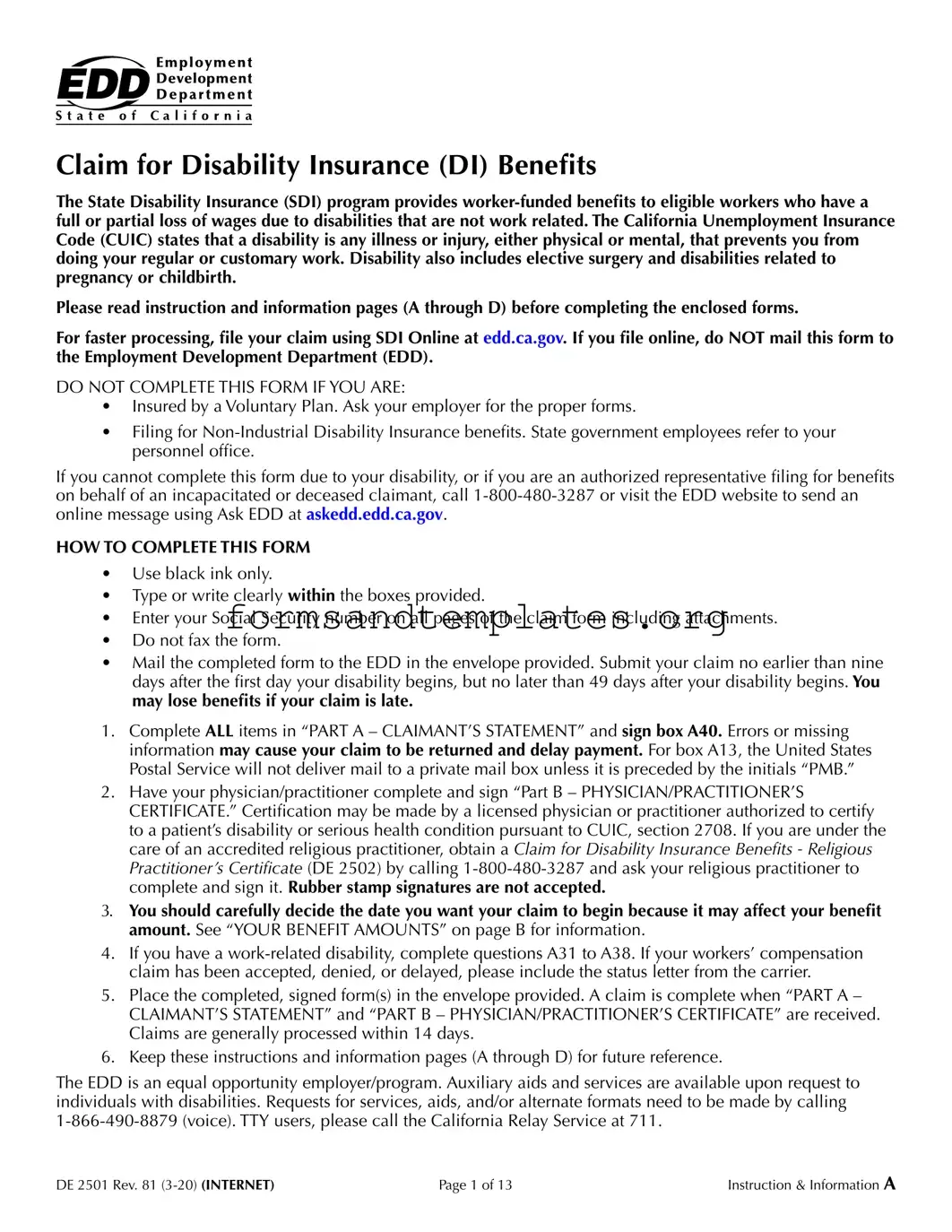 Printable EDD DE 2501 Template