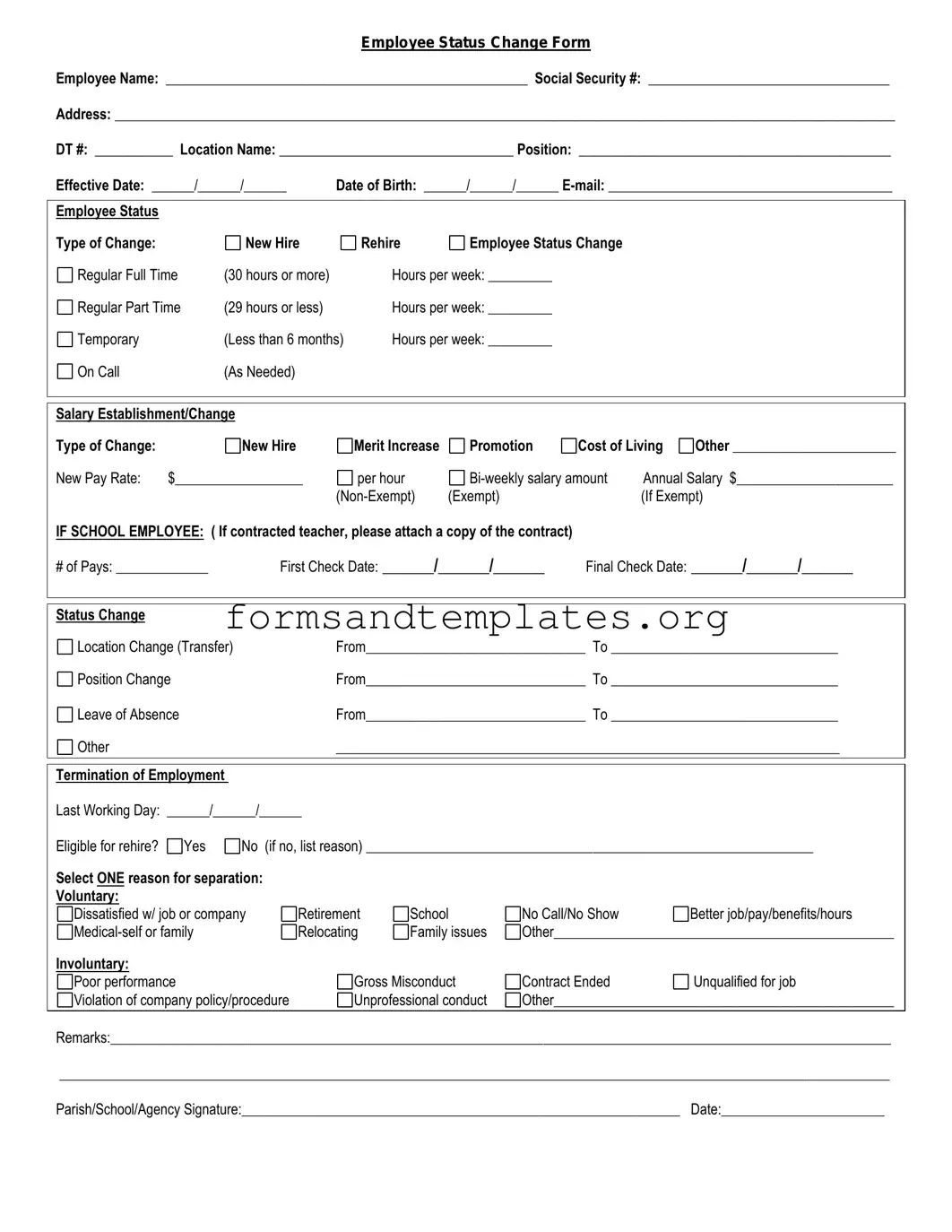 Printable Employee Status Change Template