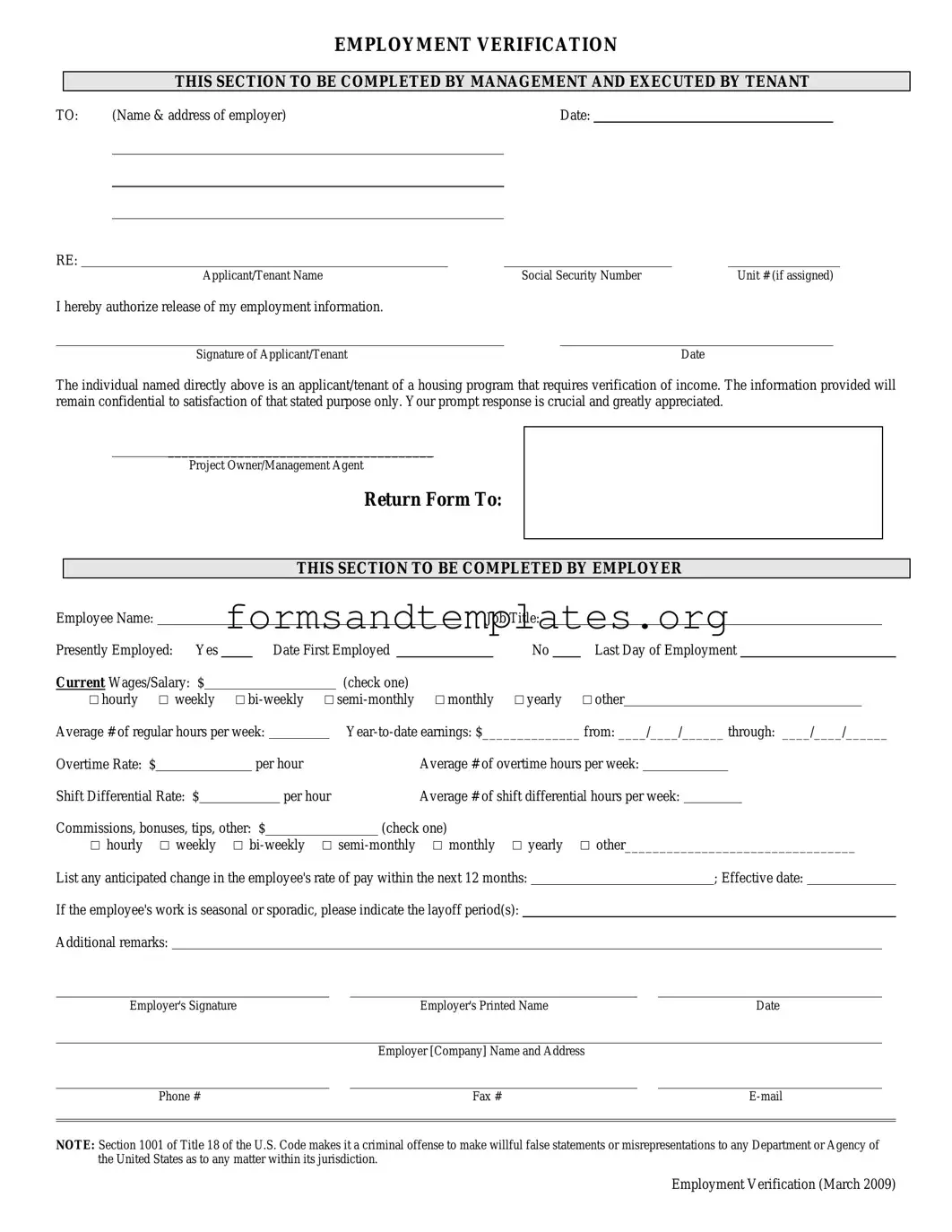 Printable Employment verification form Template