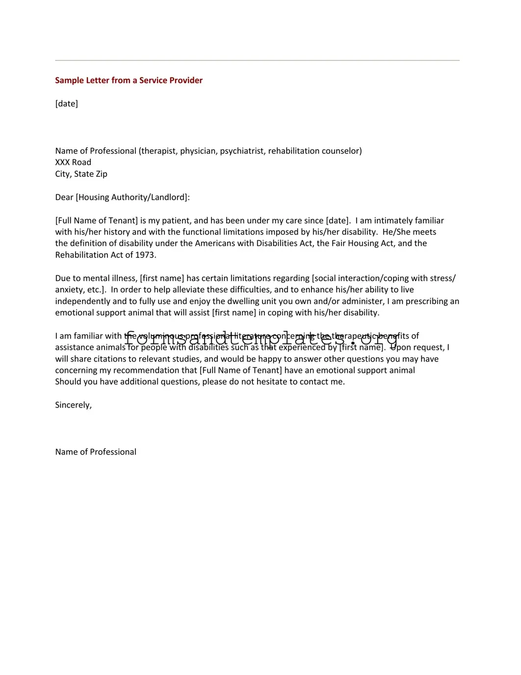 Printable Emotional Support Animal Letter Template