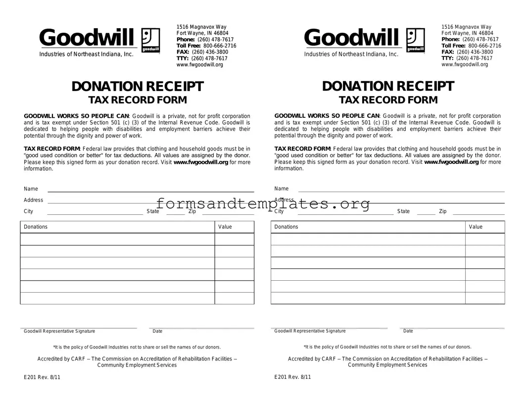 Printable Goodwill donation receipt Template