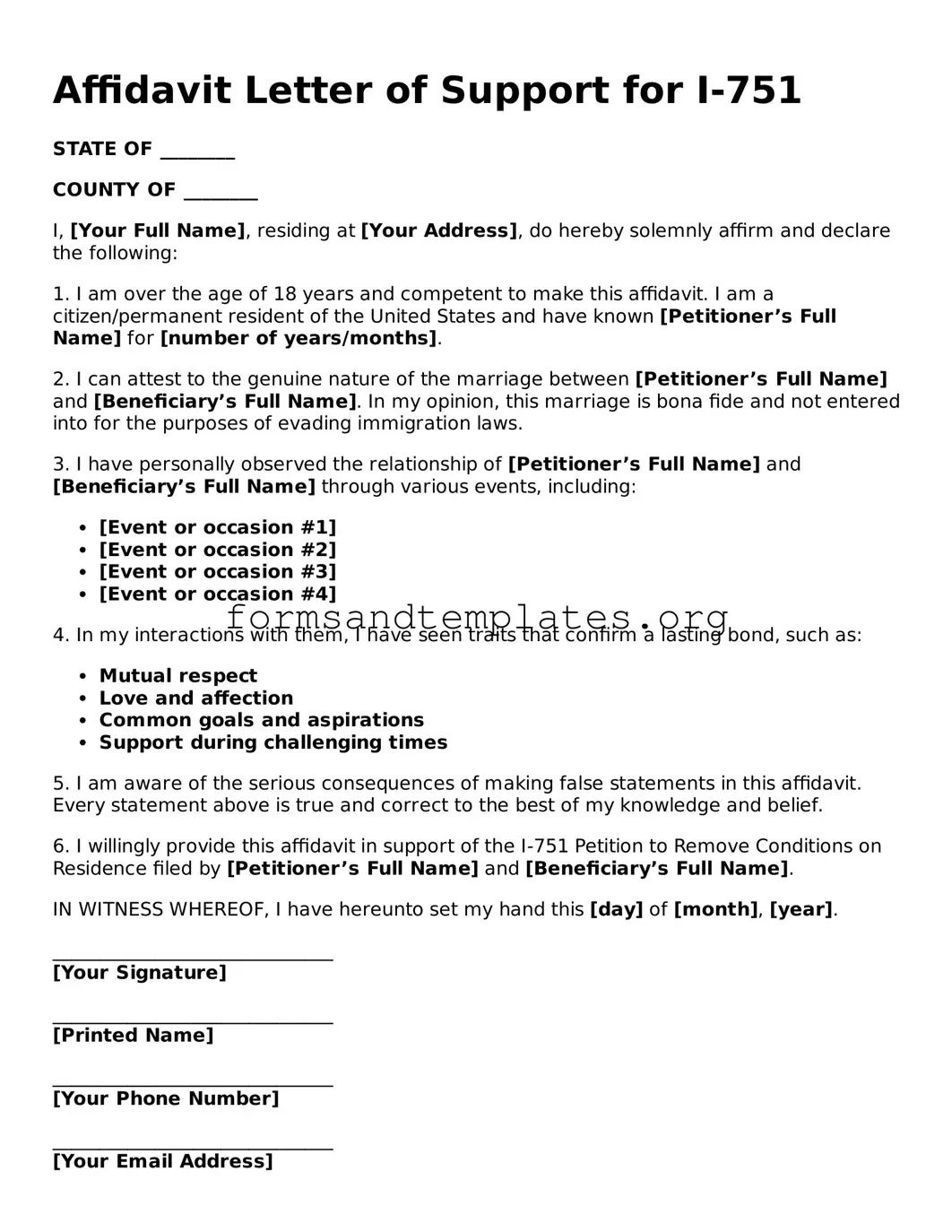 Attorney-Verified Affidavit Letter of Support for I-751 Template