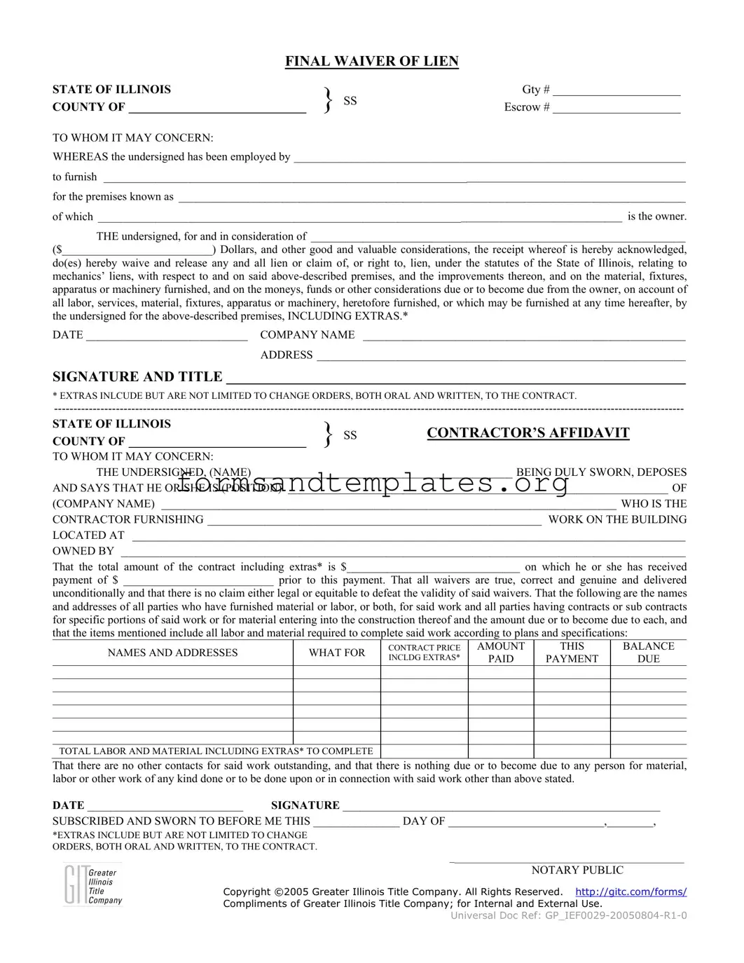 Printable Illinois Final Waiver Of Lien Template