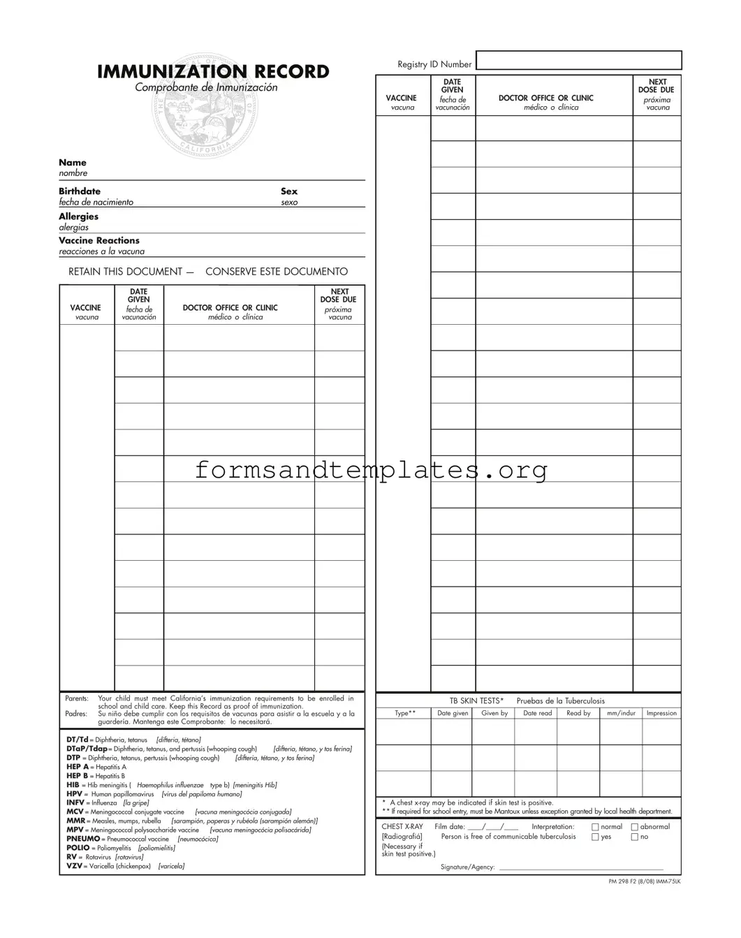 Printable Immunization Record Template